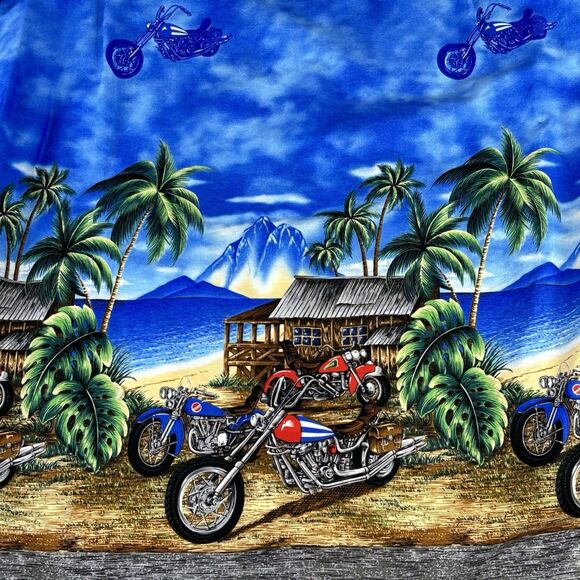 Vintage KY's Hawaiian Shirt Men's L‎ Motorcycle Ocean Mountain Beach Hut Scene - Picture 9 of 15